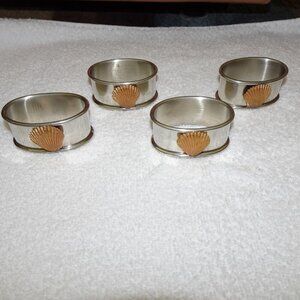 Vintage Set of 4 Pewter Napkin Rings Sea Shell Original Box